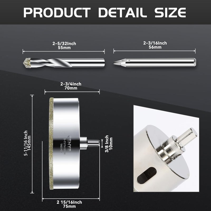 cenyb 5-11/16inch | 145mm Diamond Hole Saw with Center Drill bit and Diamond-Coated Center Drill bit for Ceramic Glass Marble Fiberglass Granite and Porcelain Tiles by - Image 2
